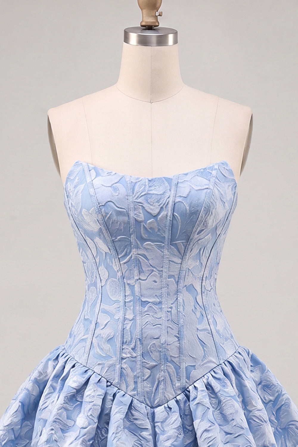 Robe de soirée bustier courte évasée en jacquard floral bleu