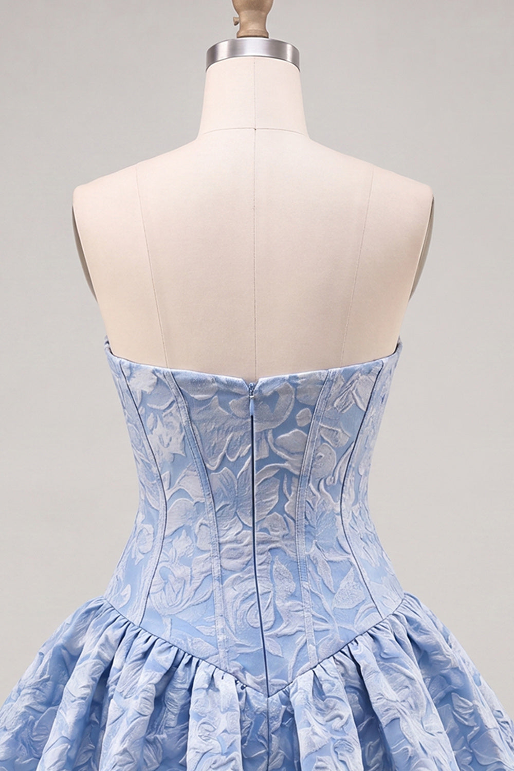 Robe de soirée bustier courte évasée en jacquard floral bleu