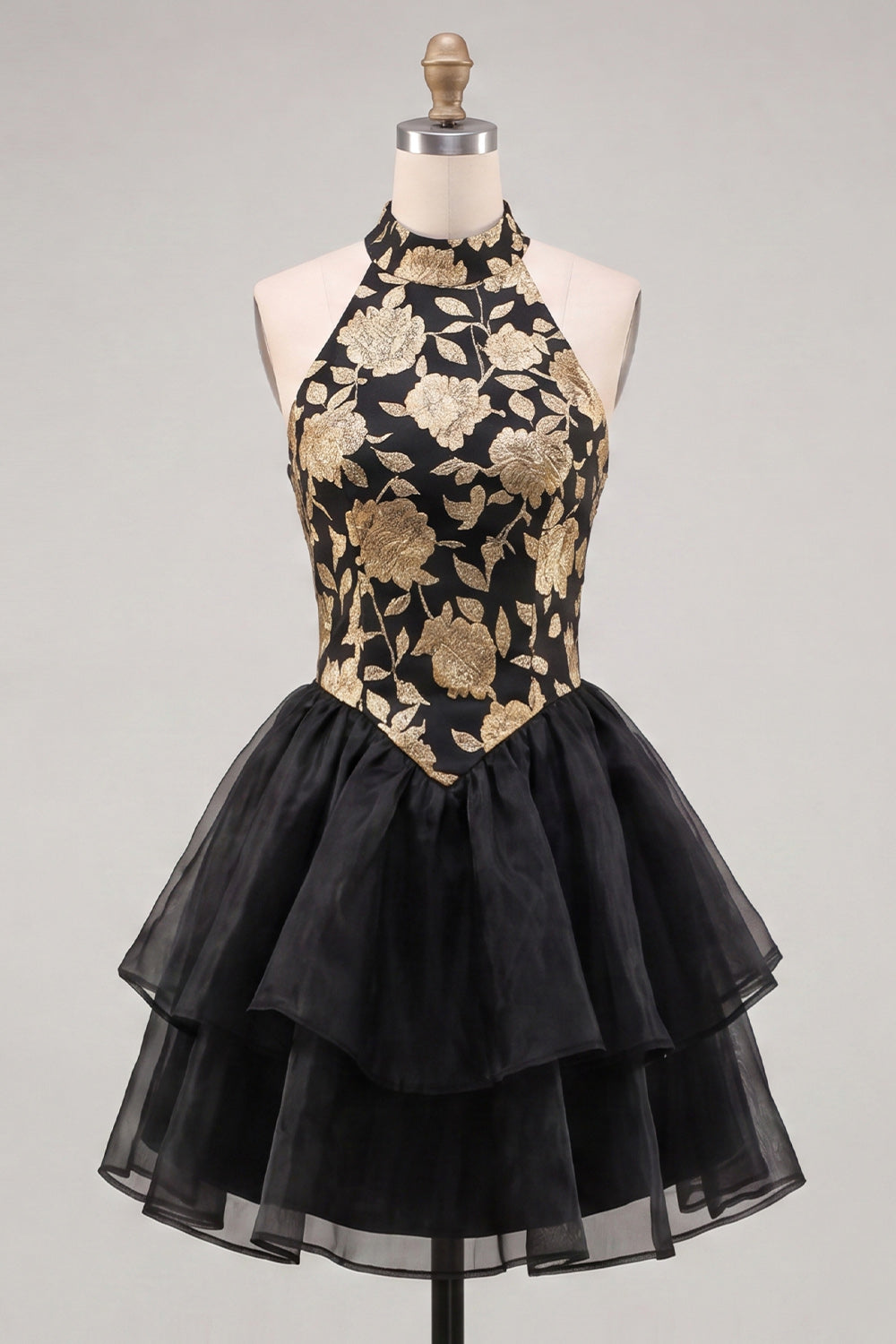 Gold and Black Halter Neck Tiered Floral A-Line Homecoming Dress with Lace Up Back