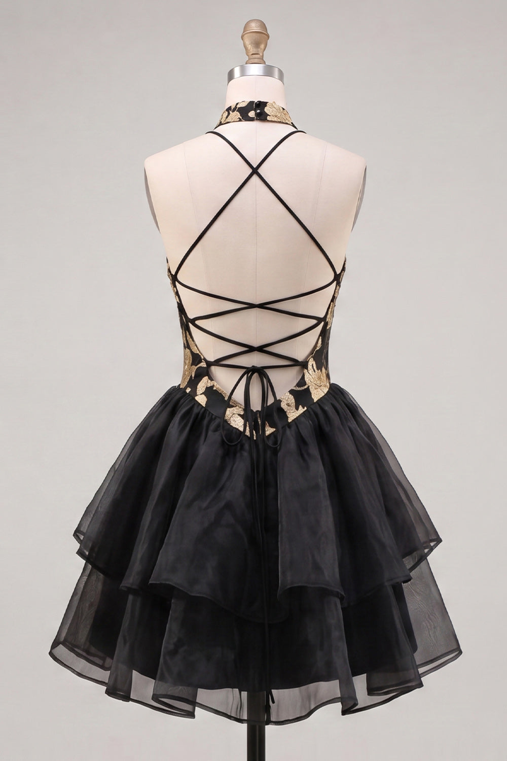 Gold and Black Halter Neck Tiered Floral A-Line Homecoming Dress with Lace Up Back