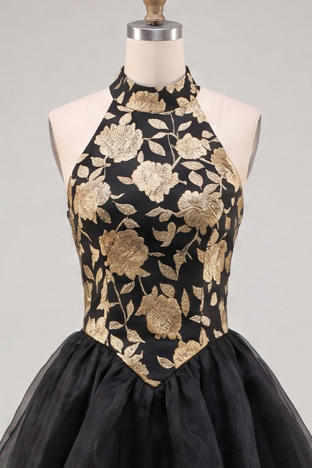 Gold and Black Halter Neck Tiered Floral A-Line Homecoming Dress with Lace Up Back