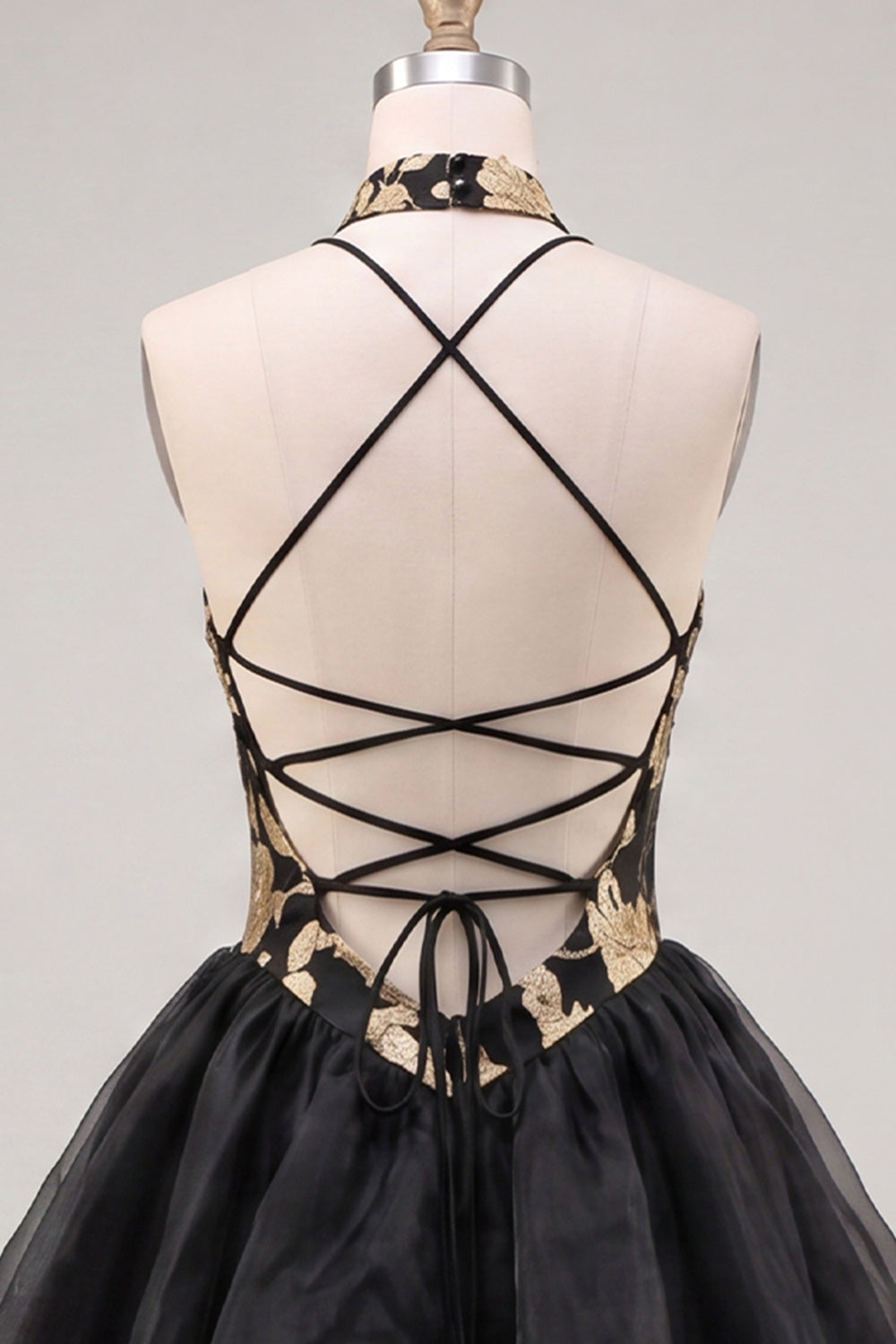Gold and Black Halter Neck Tiered Floral A-Line Homecoming Dress with Lace Up Back