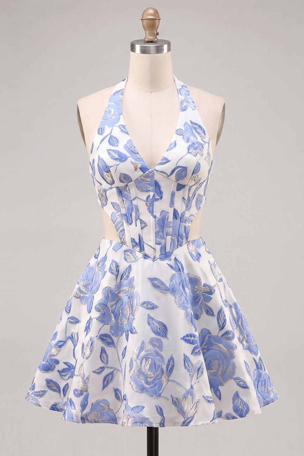 Robe de cocktail dos nu, coupe trapèze, à licou, bleu clair, avec découpes et motif floral
