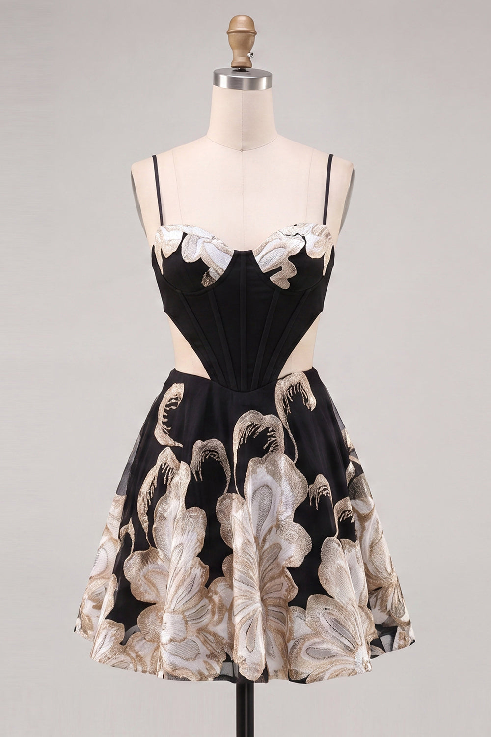Black A-Line Cut Out Floral Homecoming Dress with Lace Up Back