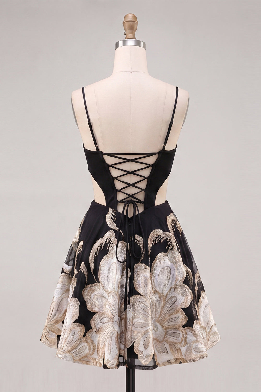 Black A-Line Cut Out Floral Homecoming Dress with Lace Up Back