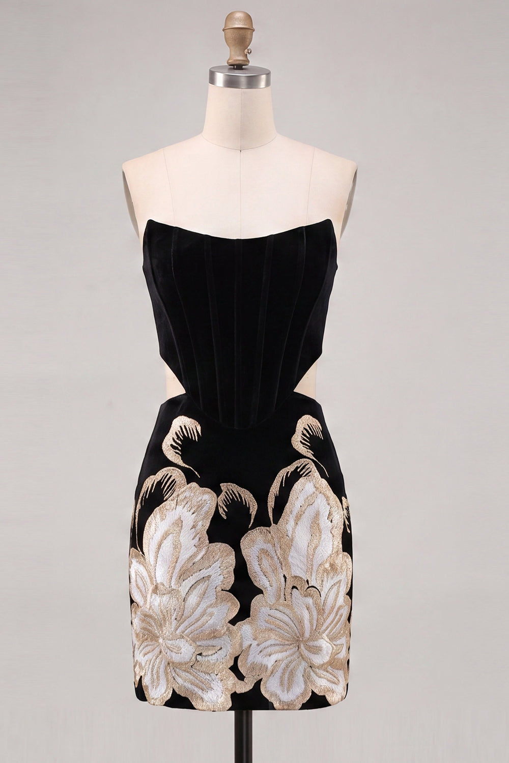 Black Strapless Bodycon Embroidered Cut Out Floral Homecoming Dress with Lace Up Back