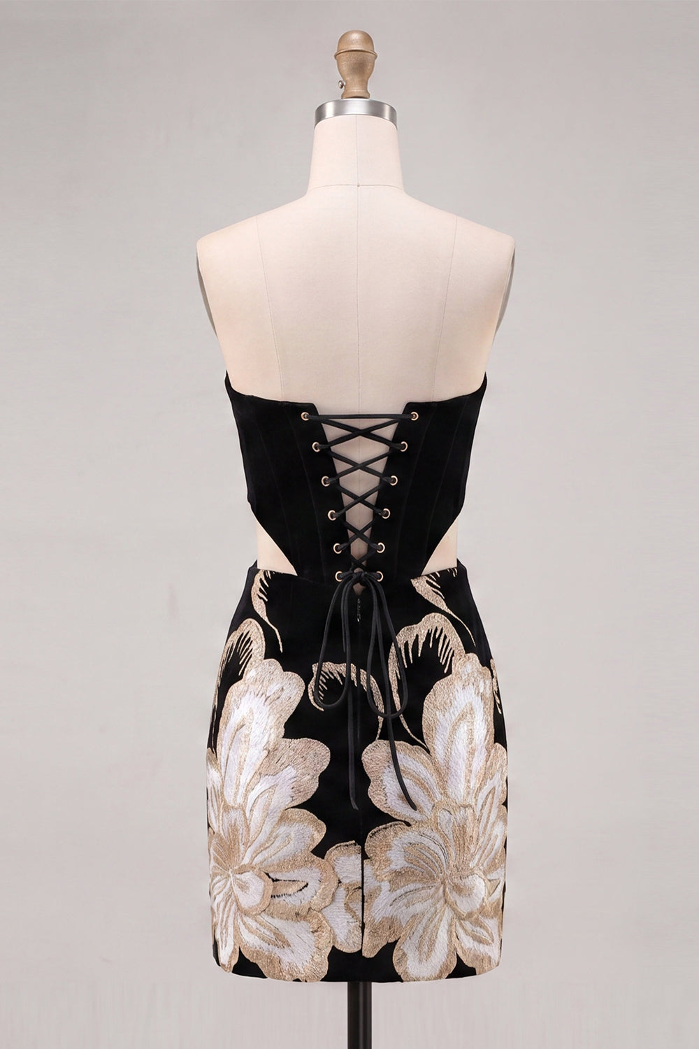 Black Strapless Bodycon Embroidered Cut Out Floral Homecoming Dress with Lace Up Back