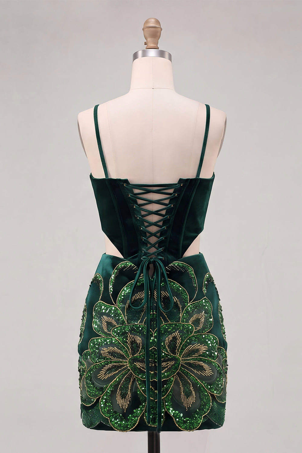 Dark Green Bodycon Corset Floral Sequins Cut Out Homecoming Dress with Lace Up Back
