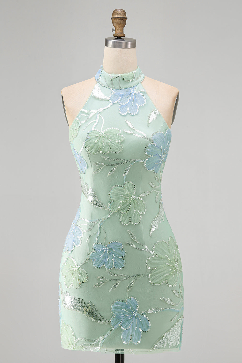 Mint Green Bodycon Halter Neck Floral Sequins Cocktail Dress