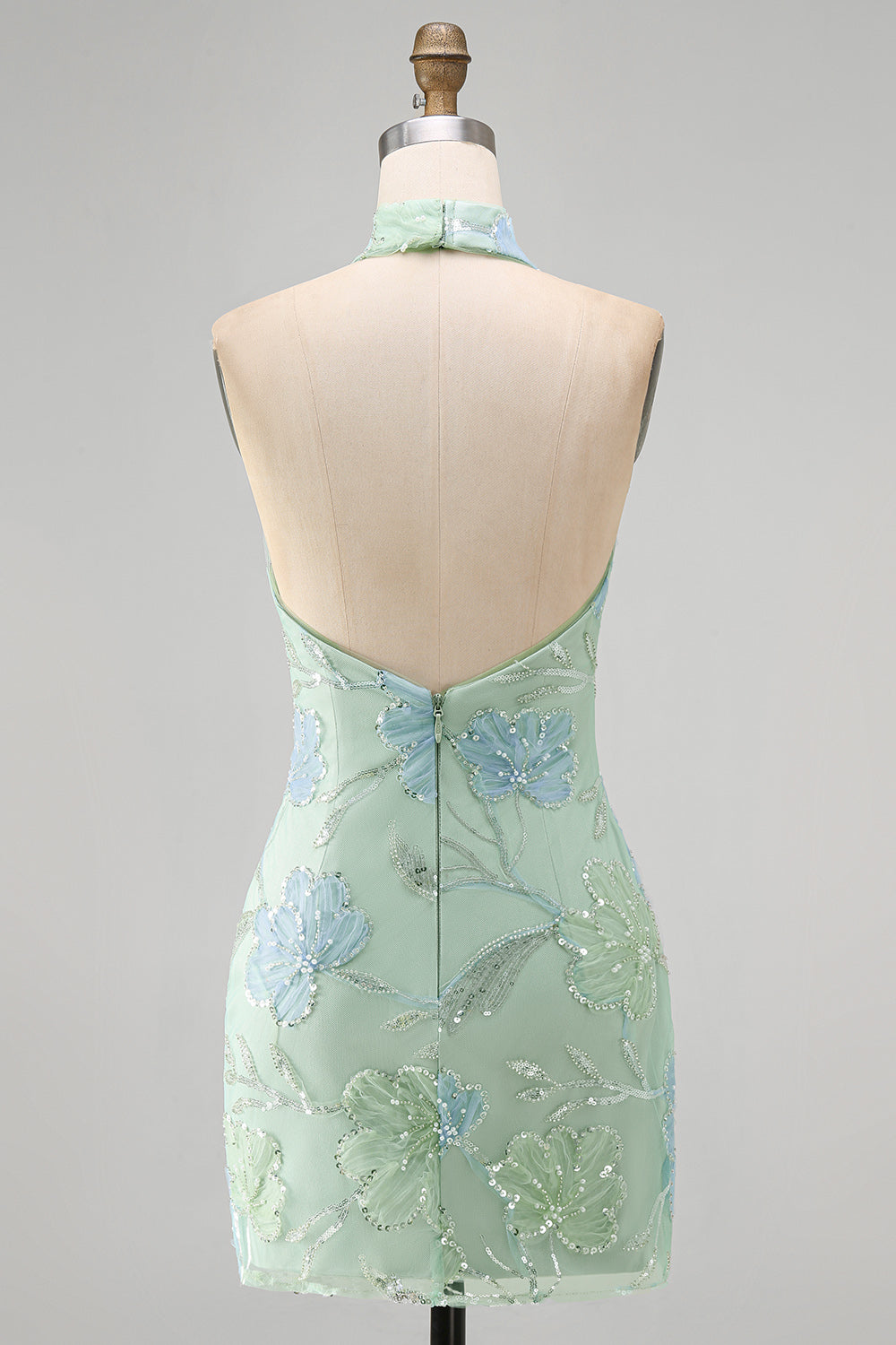 Mint Green Bodycon Halter Neck Floral Sequins Cocktail Dress