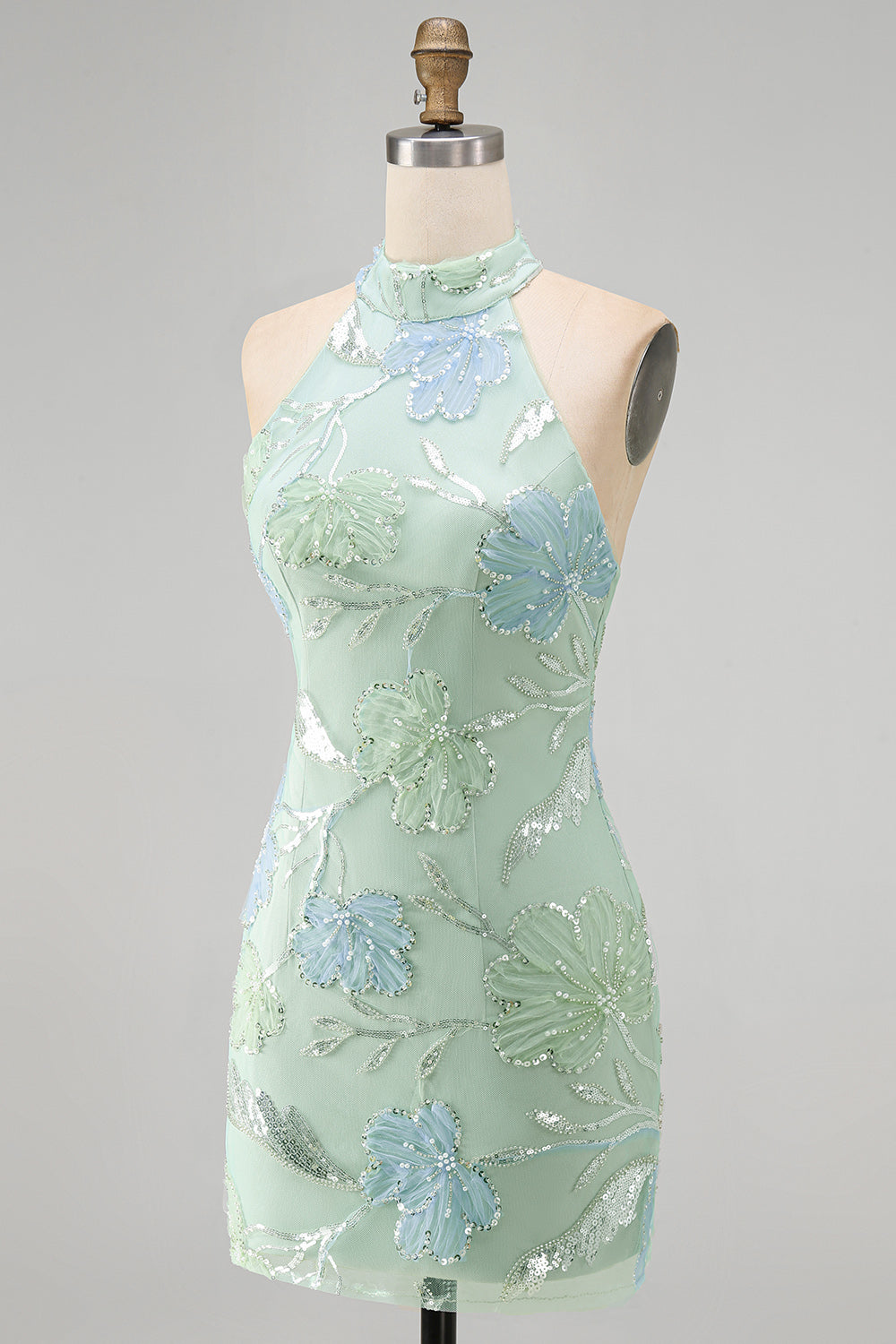 Mint Green Bodycon Halter Neck Floral Sequins Cocktail Dress