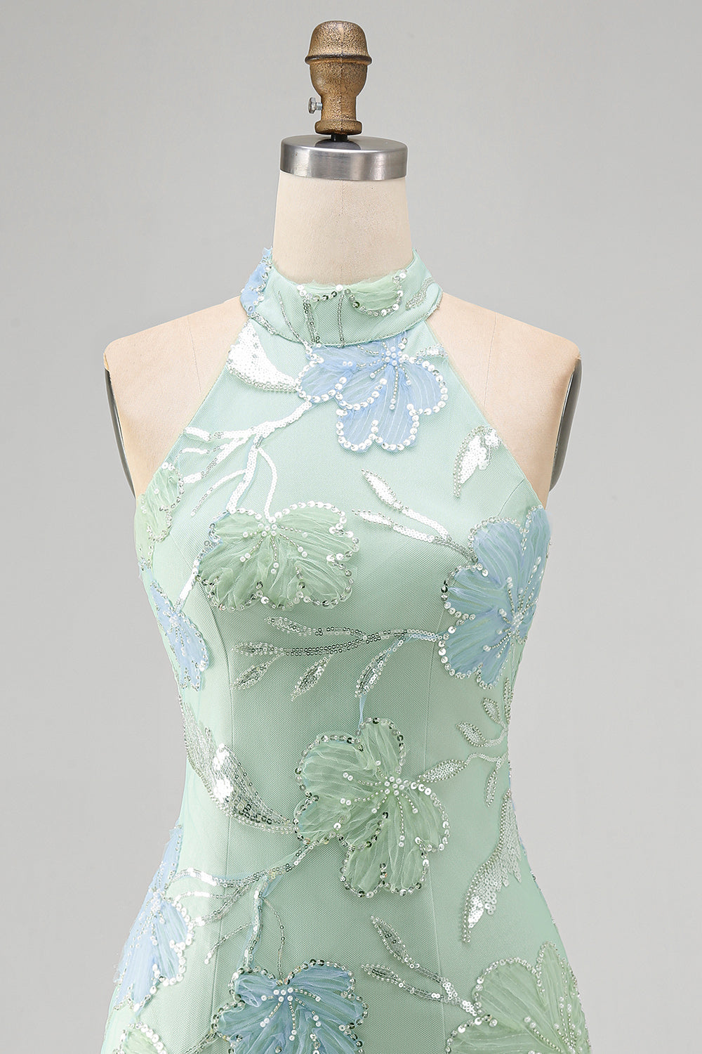 Mint Green Bodycon Halter Neck Floral Sequins Cocktail Dress