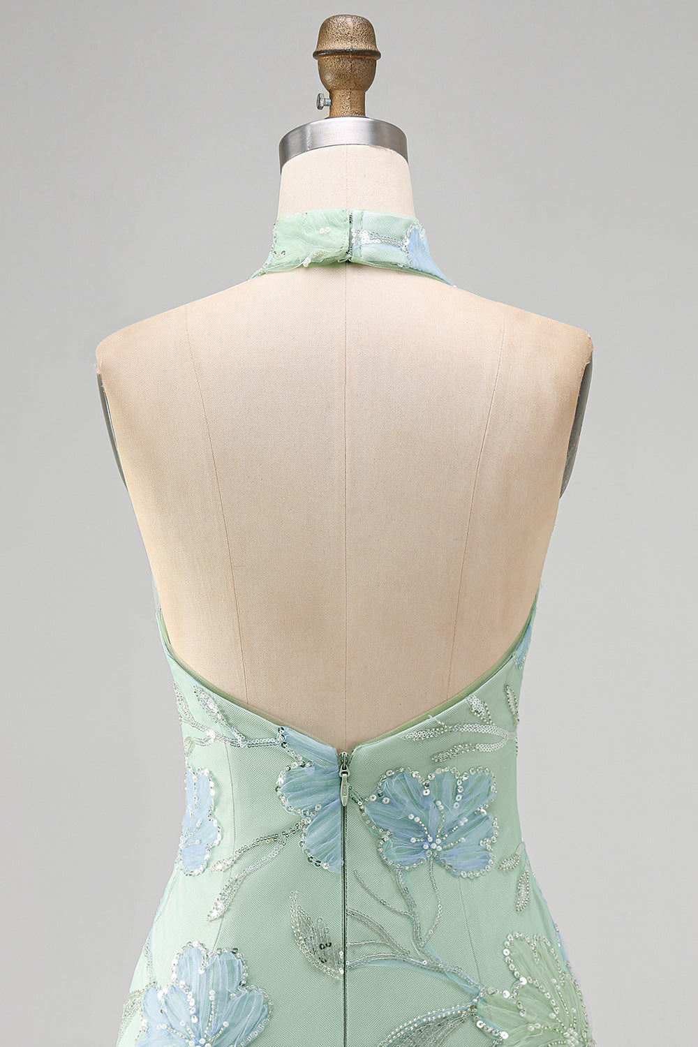 Mint Green Bodycon Halter Neck Floral Sequins Cocktail Dress