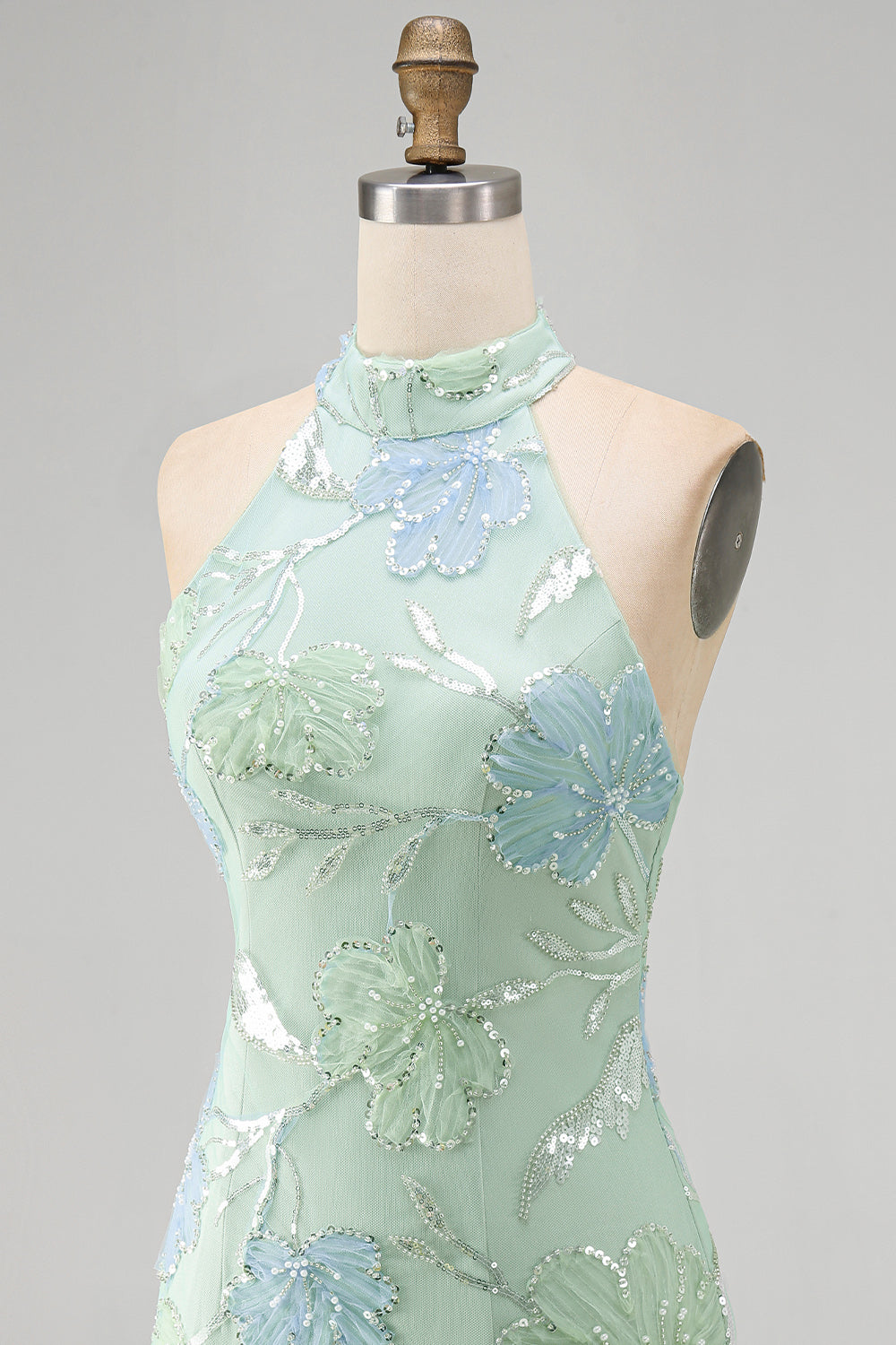 Mint Green Bodycon Halter Neck Floral Sequins Cocktail Dress