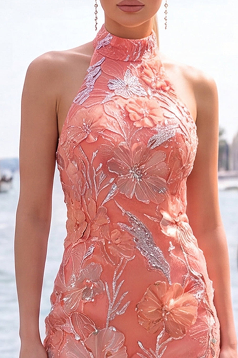 Mint Green Bodycon Halter Neck Floral Sequins Cocktail Dress