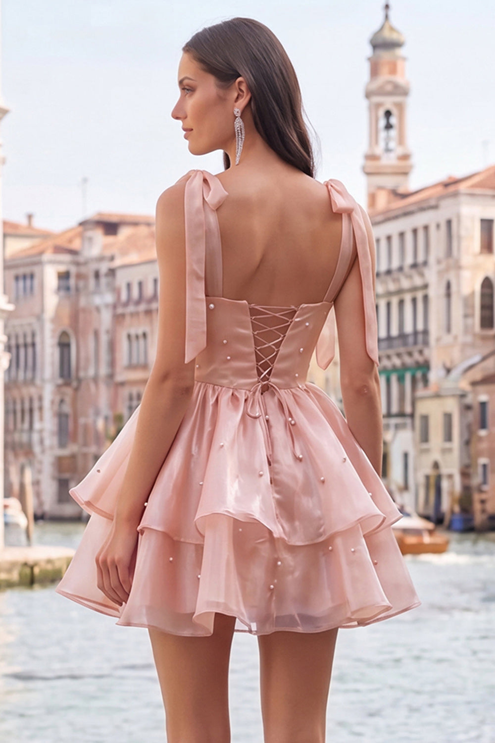 Lilac Pearl Mini Fairy Tale Tiered Homecoming Dress with Lace Up Back