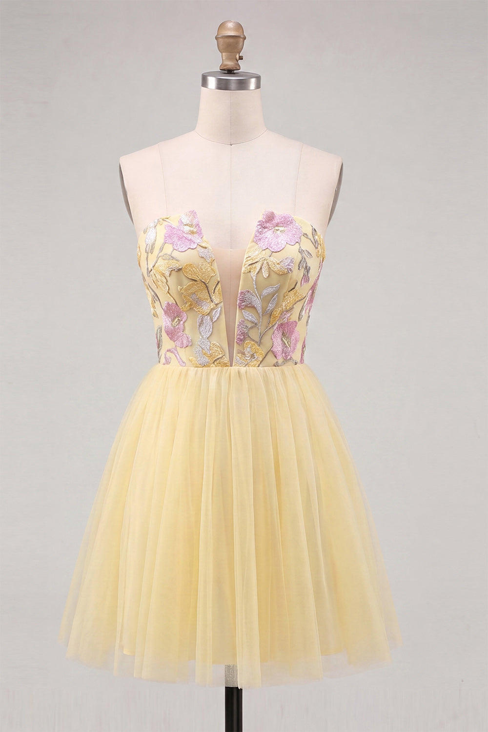 Yellow A-Line Strapless Floral Embroidered Short Homecoming Dress