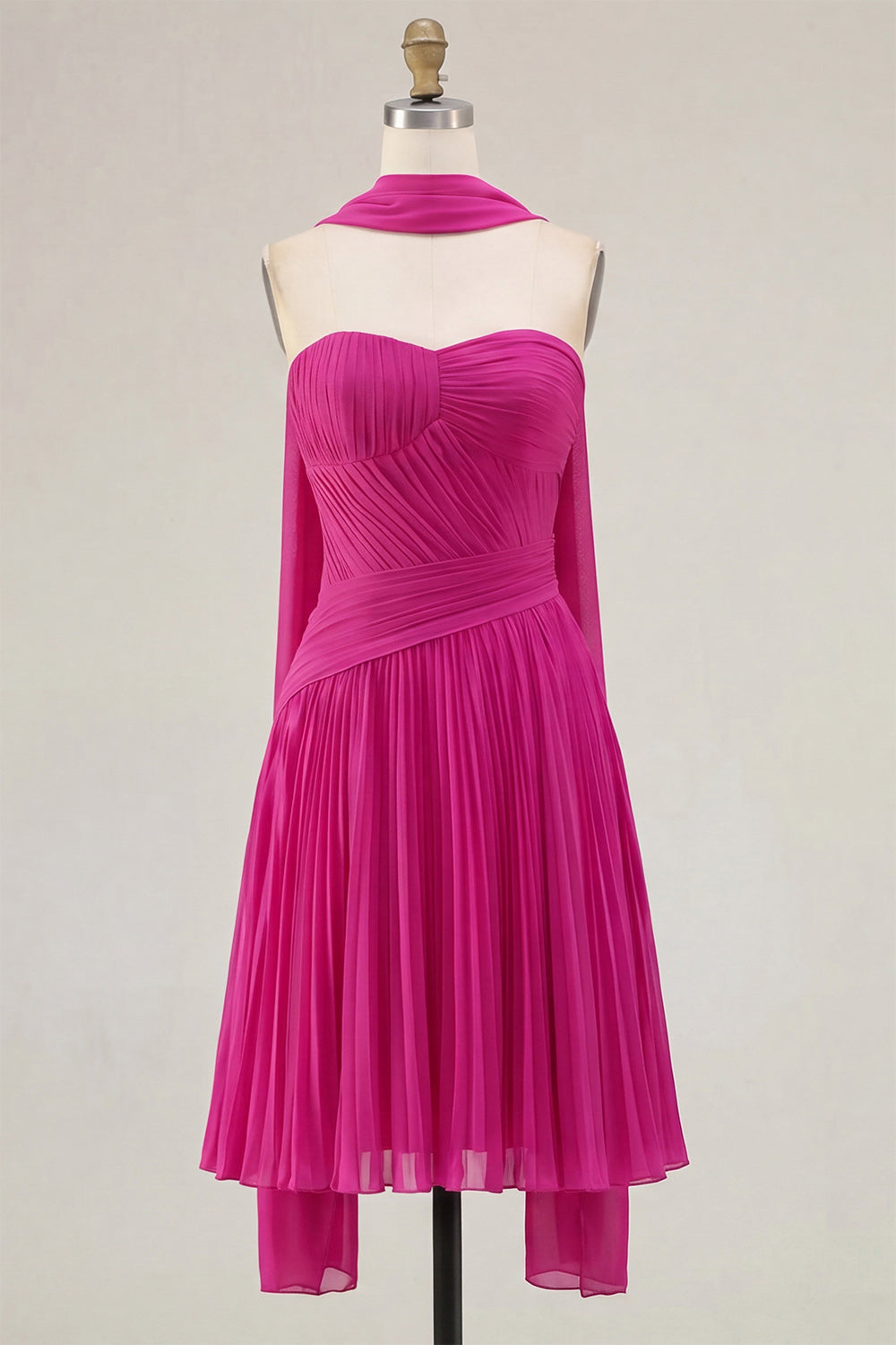 Yellow A-Line Strapless Ruched Pleated Homecoming Dress with Neck Scarf