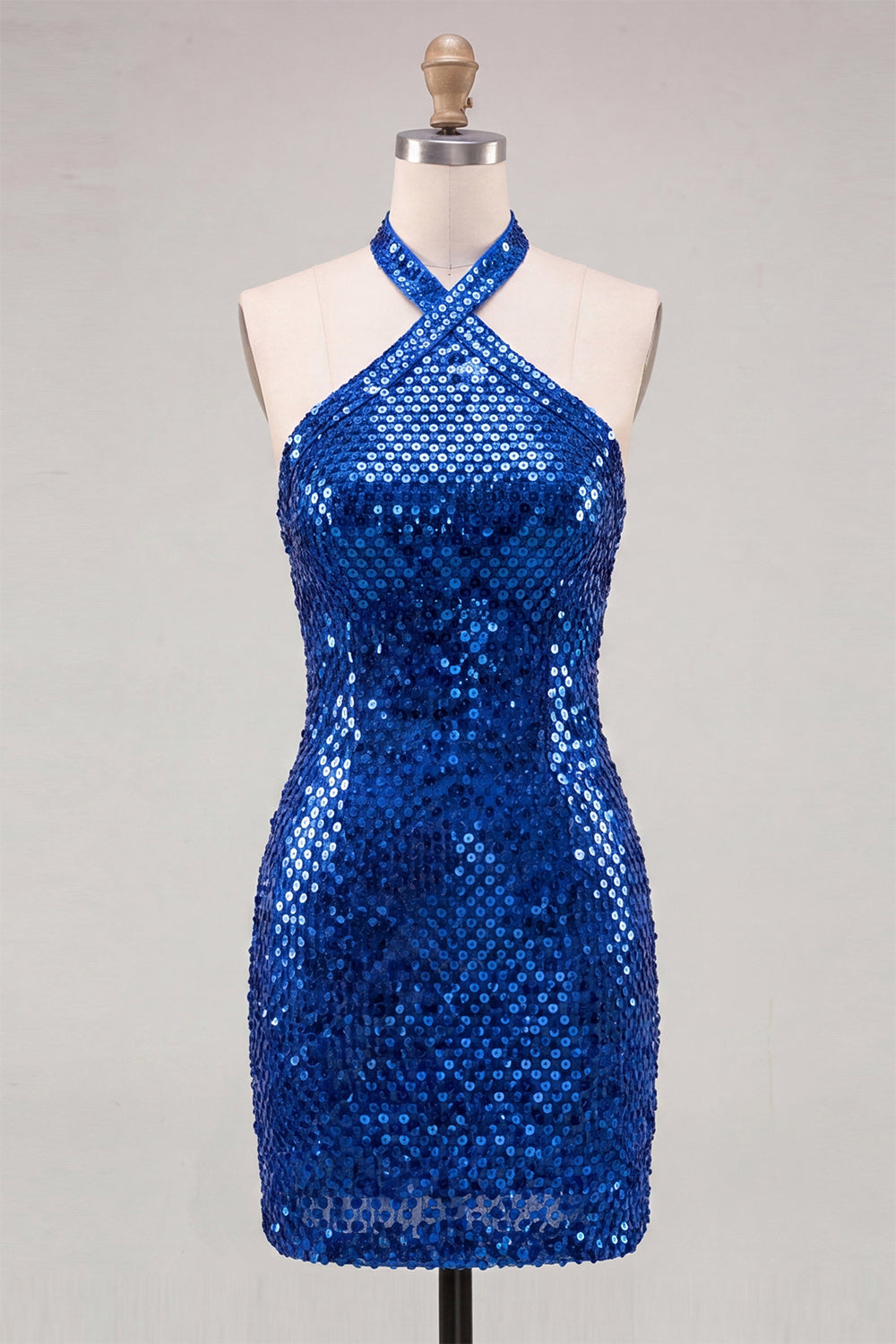 Sparkly Royal Blue Bodycon Halter Neck Sequin Short Homecoming Dress with Open Back