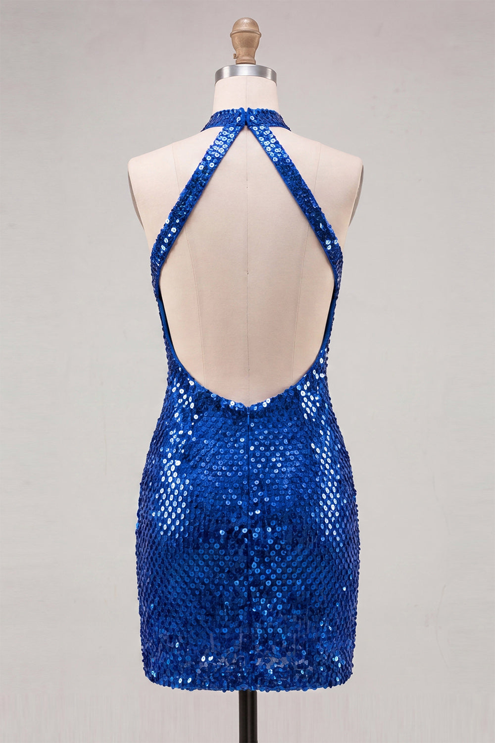 Sparkly Royal Blue Bodycon Halter Neck Sequin Short Homecoming Dress with Open Back