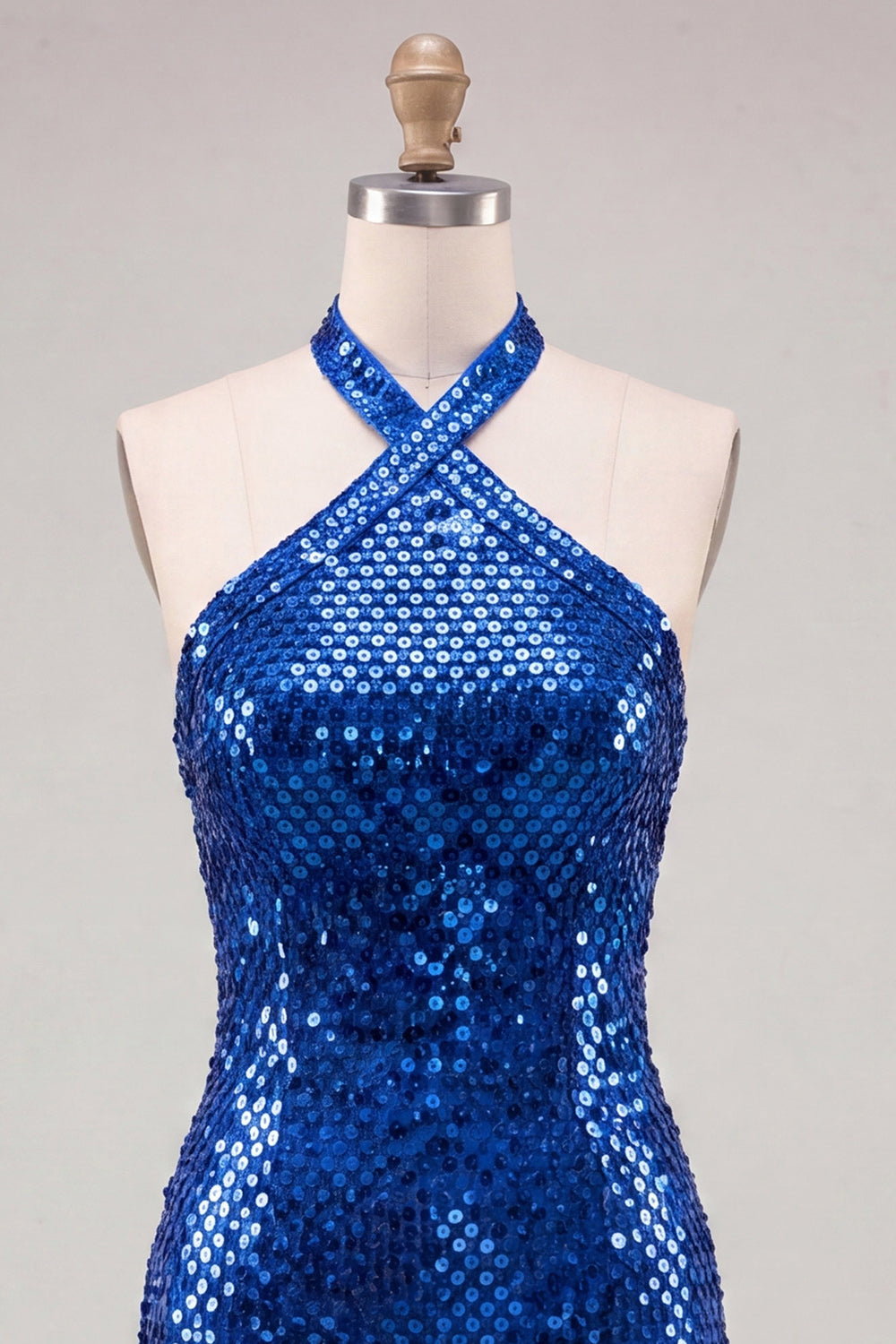 Sparkly Royal Blue Bodycon Halter Neck Sequin Short Homecoming Dress with Open Back