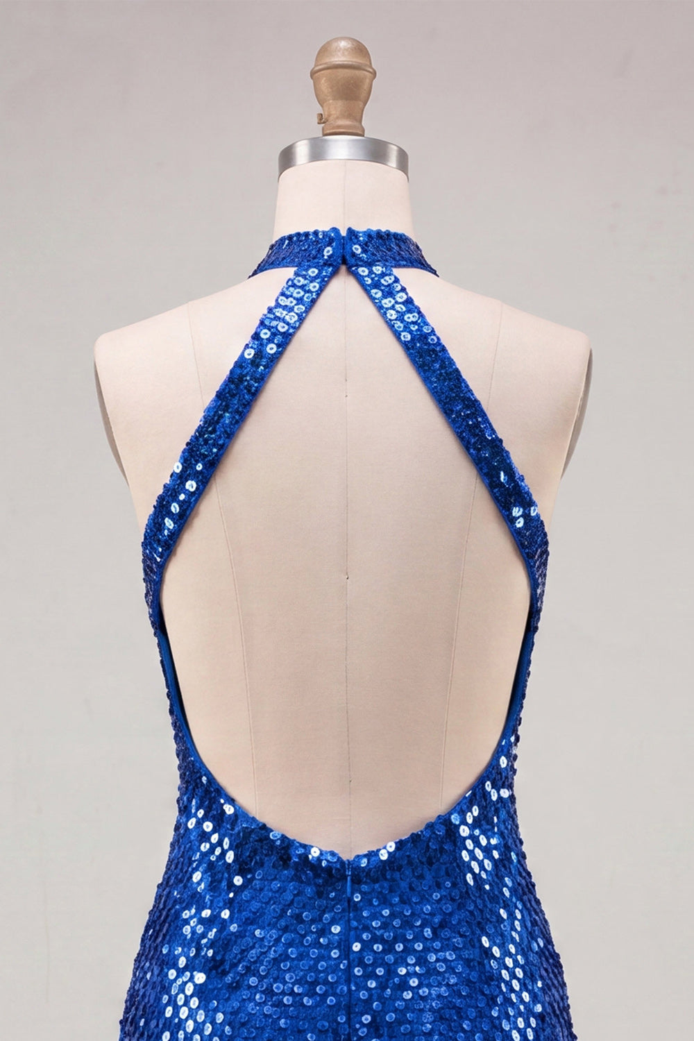 Sparkly Royal Blue Bodycon Halter Neck Sequin Short Homecoming Dress with Open Back