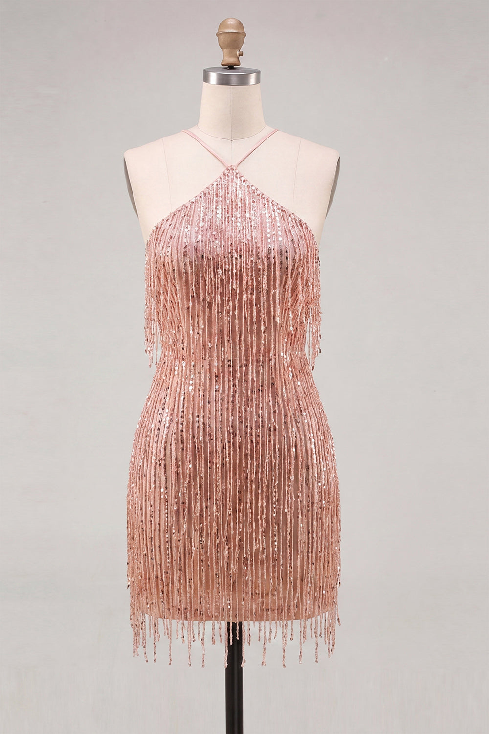 Dusty Rose Bodycon Halter Neck Sequin Homecoming Dress with Fringe
