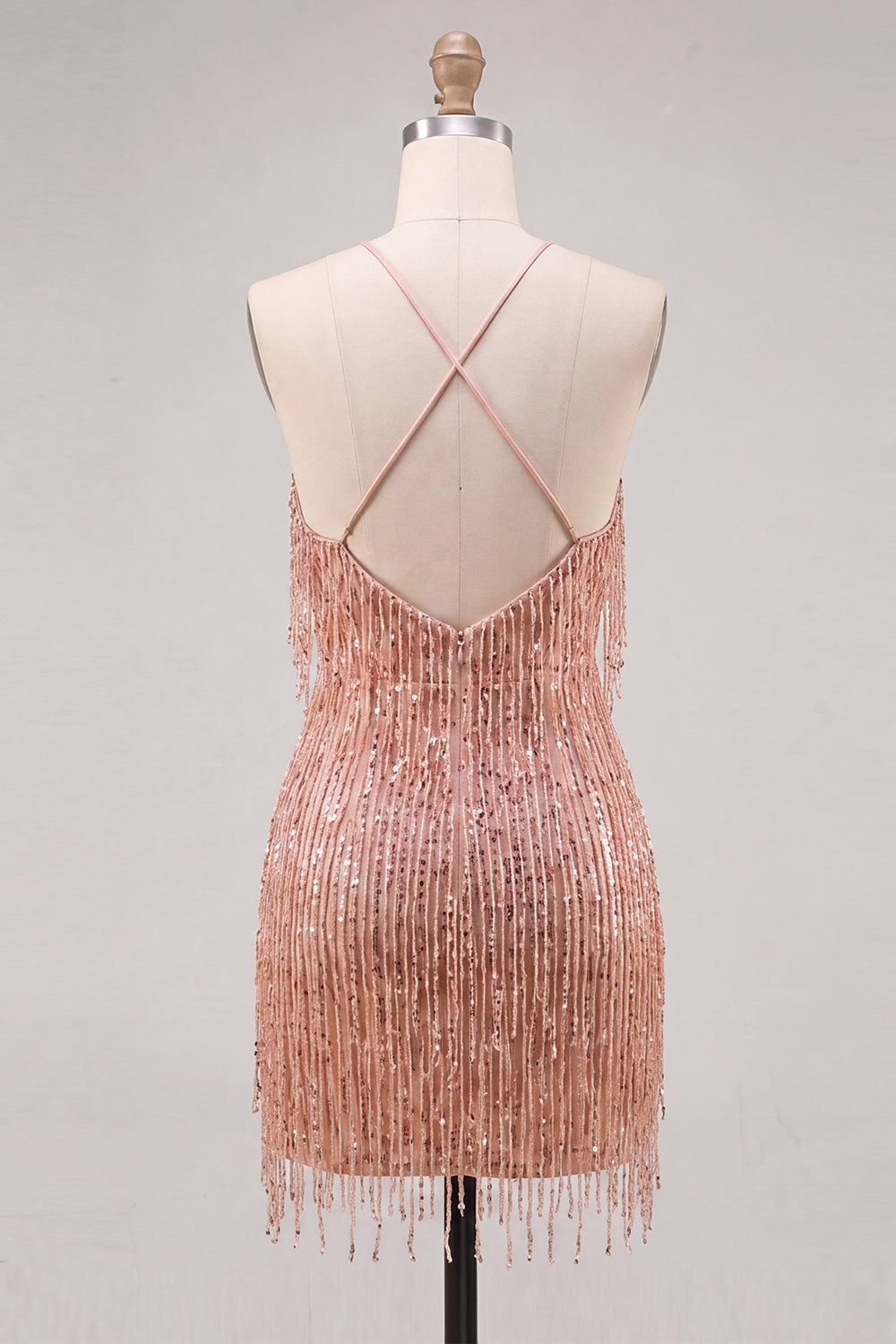 Dusty Rose Bodycon Halter Neck Sequin Homecoming Dress with Fringe
