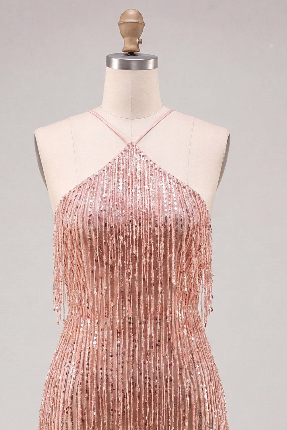 Dusty Rose Bodycon Halter Neck Sequin Homecoming Dress with Fringe