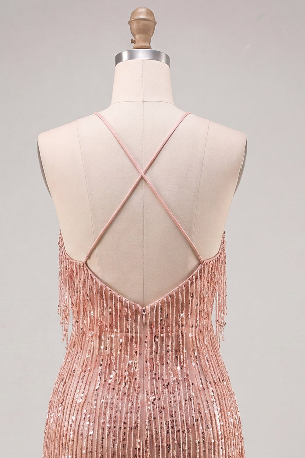 Dusty Rose Bodycon Halter Neck Sequin Homecoming Dress with Fringe