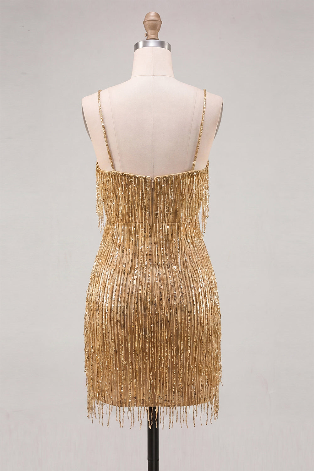 Gold Bodycon Spaghetti Straps Sequins Cocktail Dress with Fringes