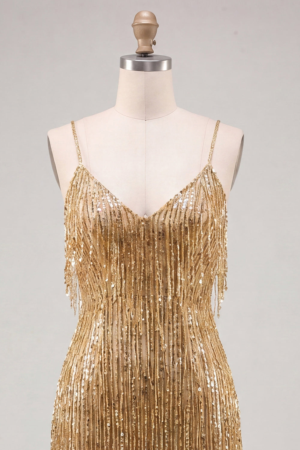 Gold Bodycon Spaghetti Straps Sequins Cocktail Dress with Fringes