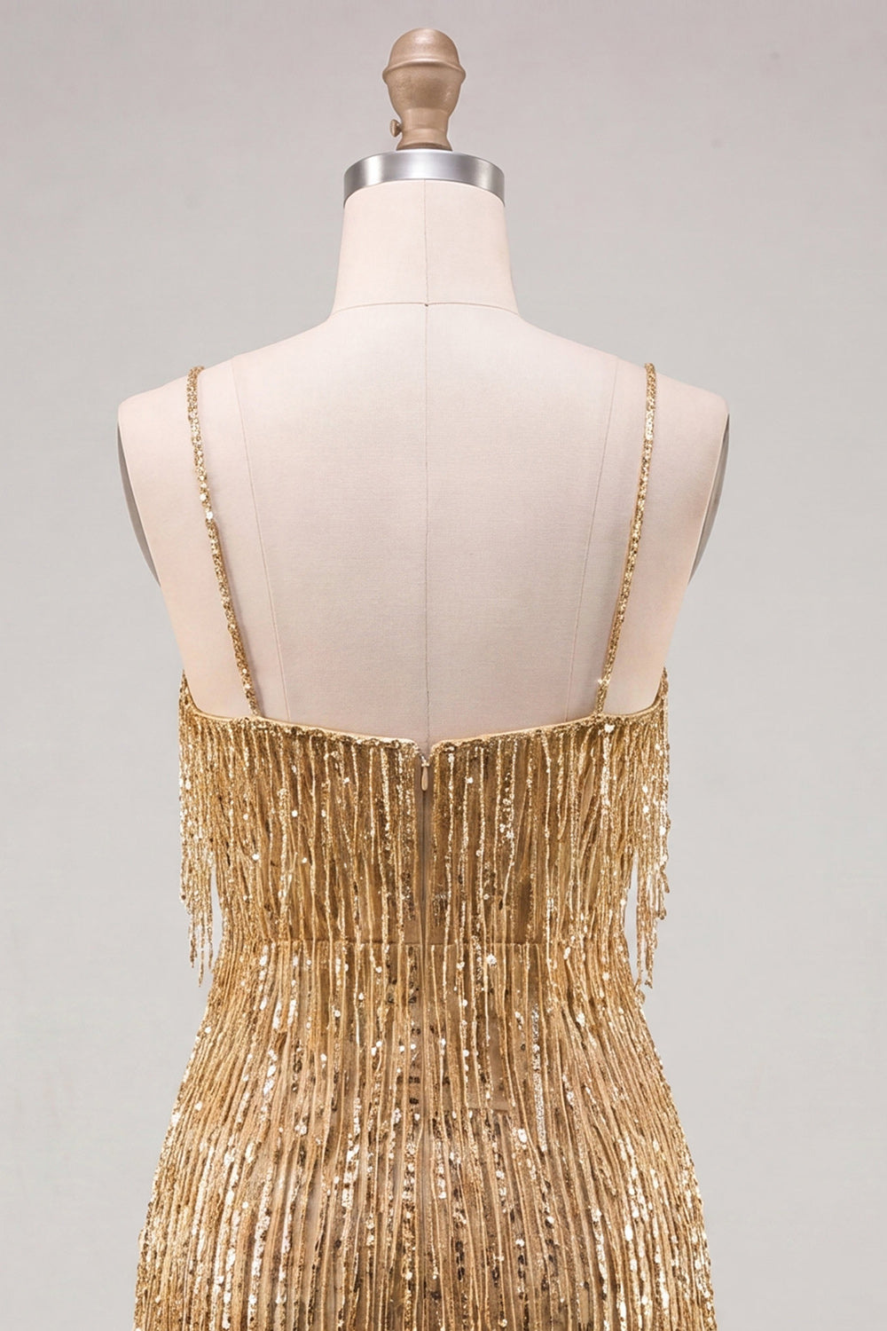Gold Bodycon Spaghetti Straps Sequins Cocktail Dress with Fringes
