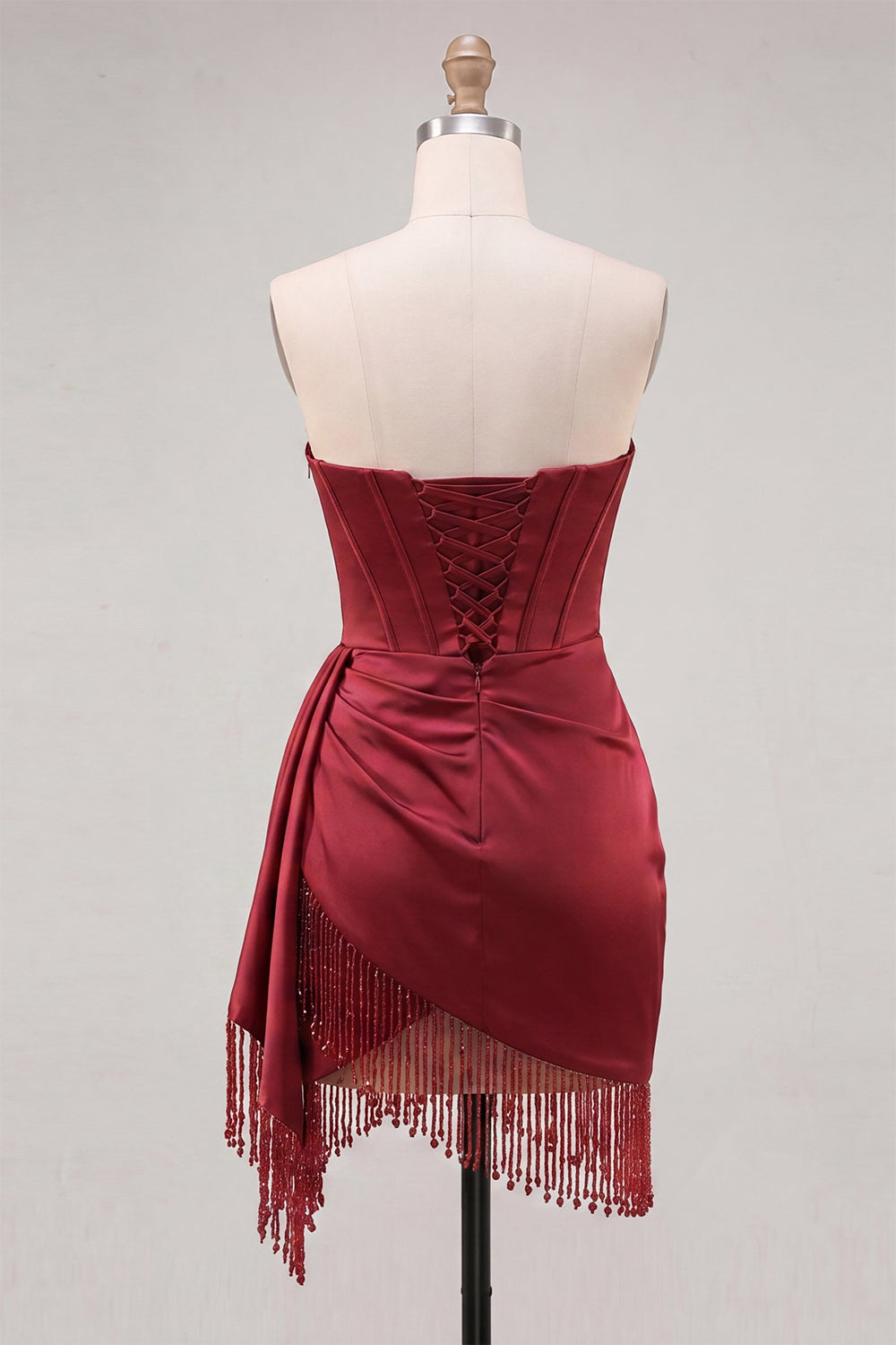 Robe de bal de fin d'année corset bustier froncé à franges lacé au dos, couleur bordeaux