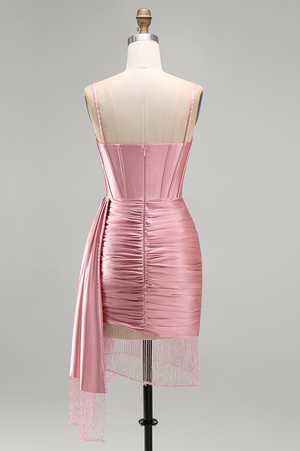 Pink Bodycon Corset Ruched Fringed Beaded Short Homecoming Dress with Sash