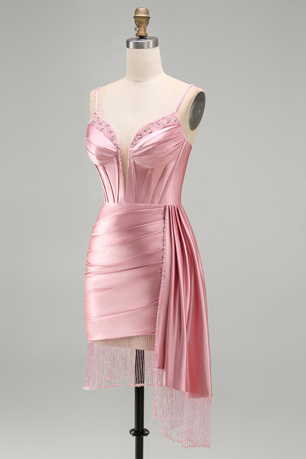 Pink Bodycon Corset Ruched Fringed Beaded Short Homecoming Dress with Sash
