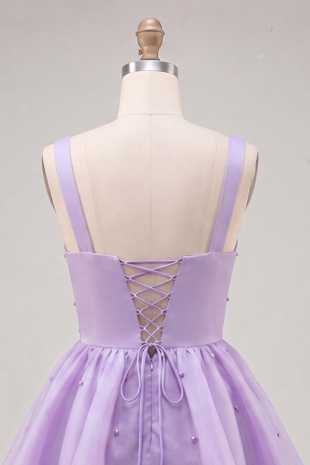 Lilac A-Line Tiered V-Neck Pearl Short Homecoming Dress with Lace Up Back