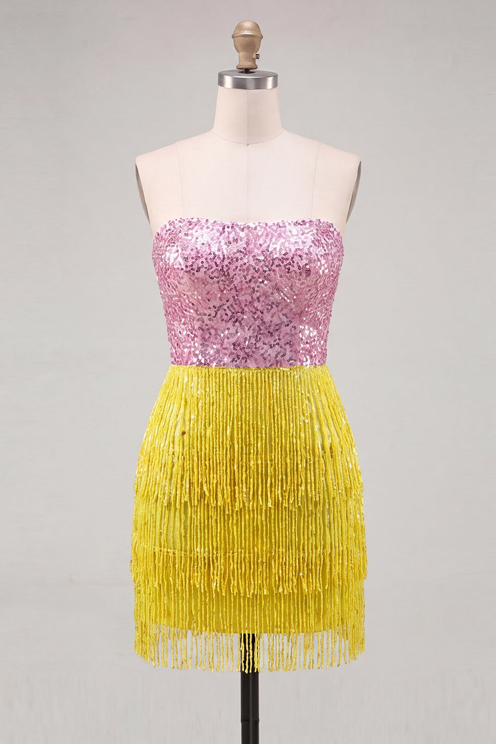Fuchsia Strapless Sequins Bodycon Cocktail Dress with Fringes