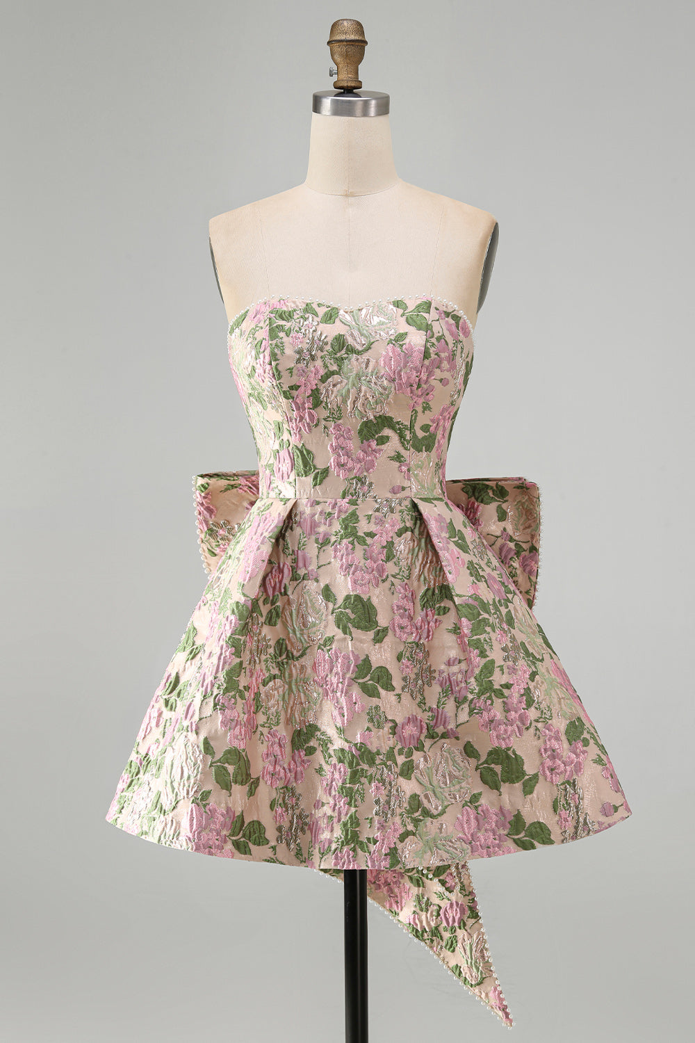 Sweetheart Pink Flower A-Line Jacquard Pearl Cocktail Dress with Bow