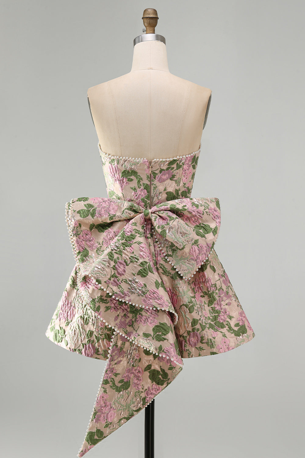 Sweetheart Pink Flower A-Line Jacquard Pearl Cocktail Dress with Bow