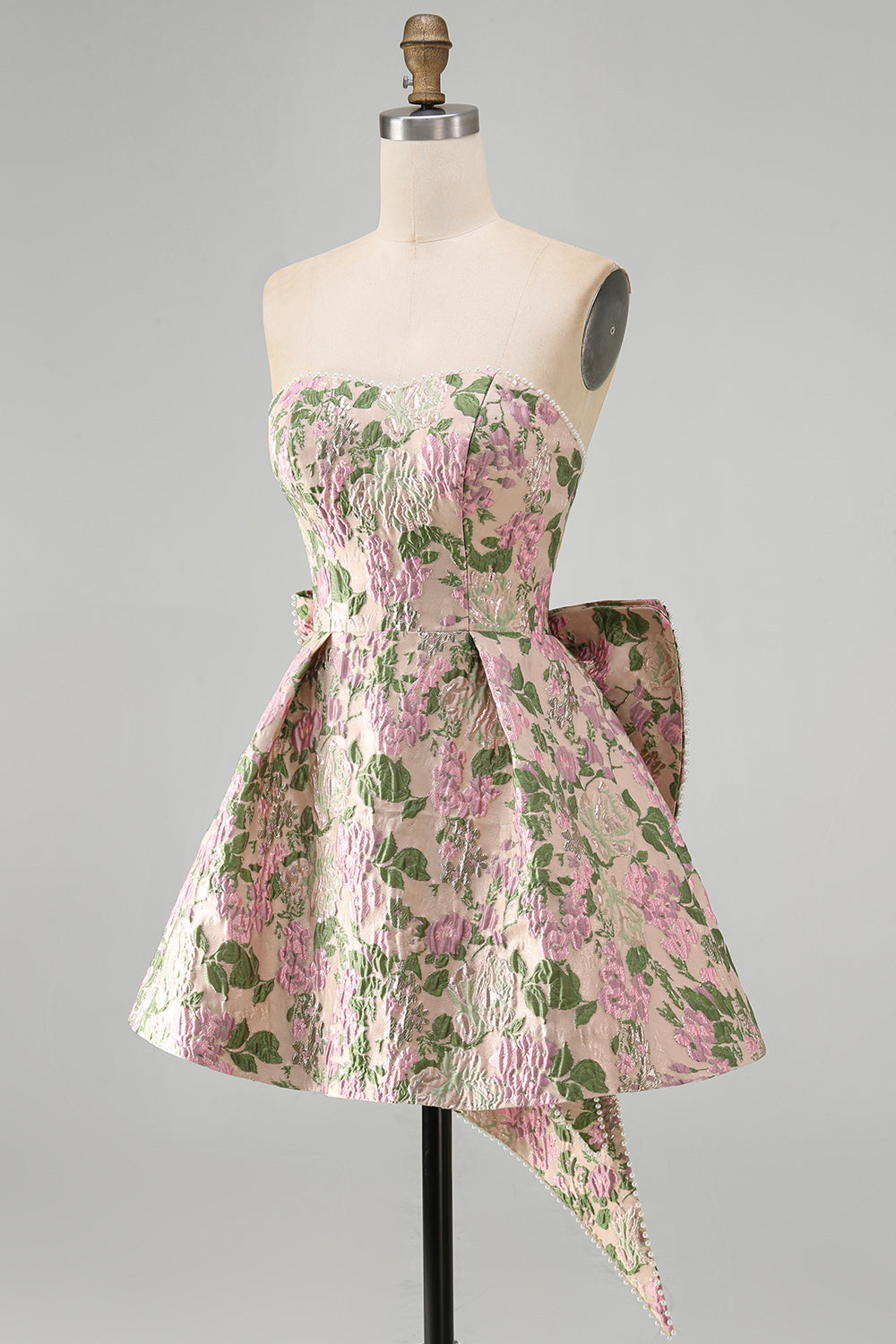 Sweetheart Pink Flower A-Line Jacquard Pearl Cocktail Dress with Bow