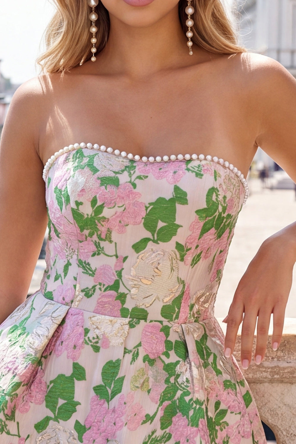 Sweetheart Pink Flower A-Line Jacquard Pearl Cocktail Dress with Bow