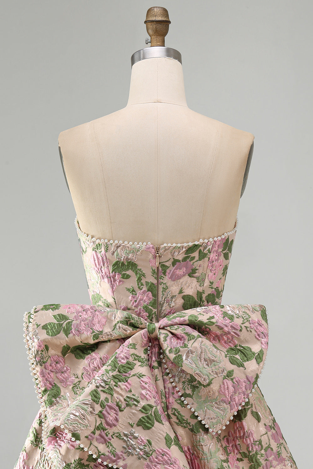 Sweetheart Pink Flower A-Line Jacquard Pearl Cocktail Dress with Bow