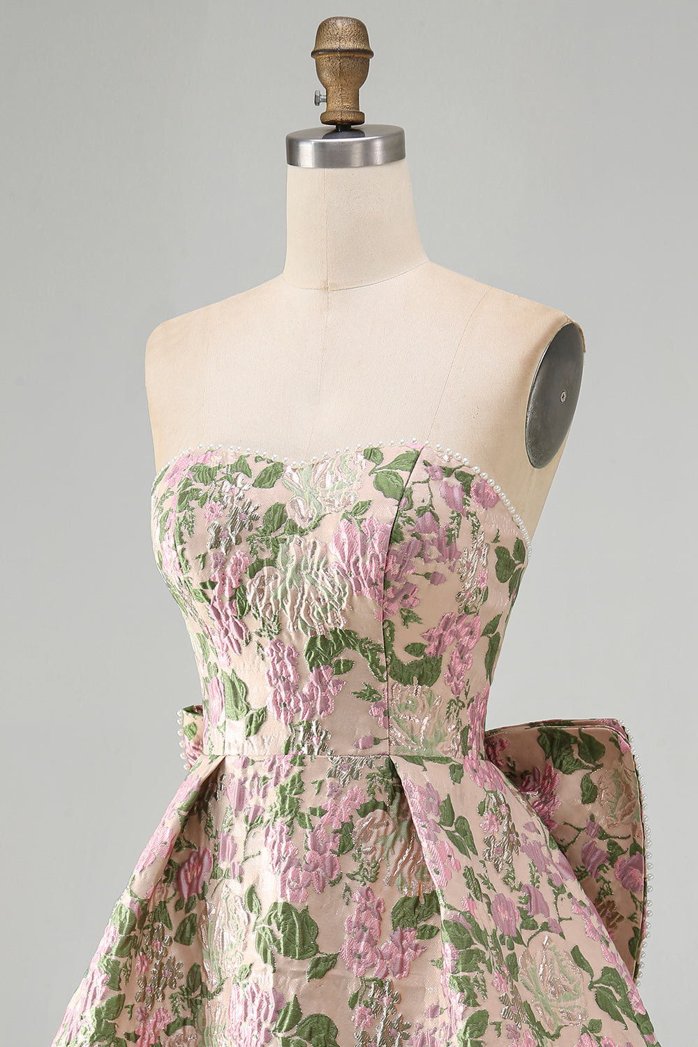 Sweetheart Pink Flower A-Line Jacquard Pearl Cocktail Dress with Bow