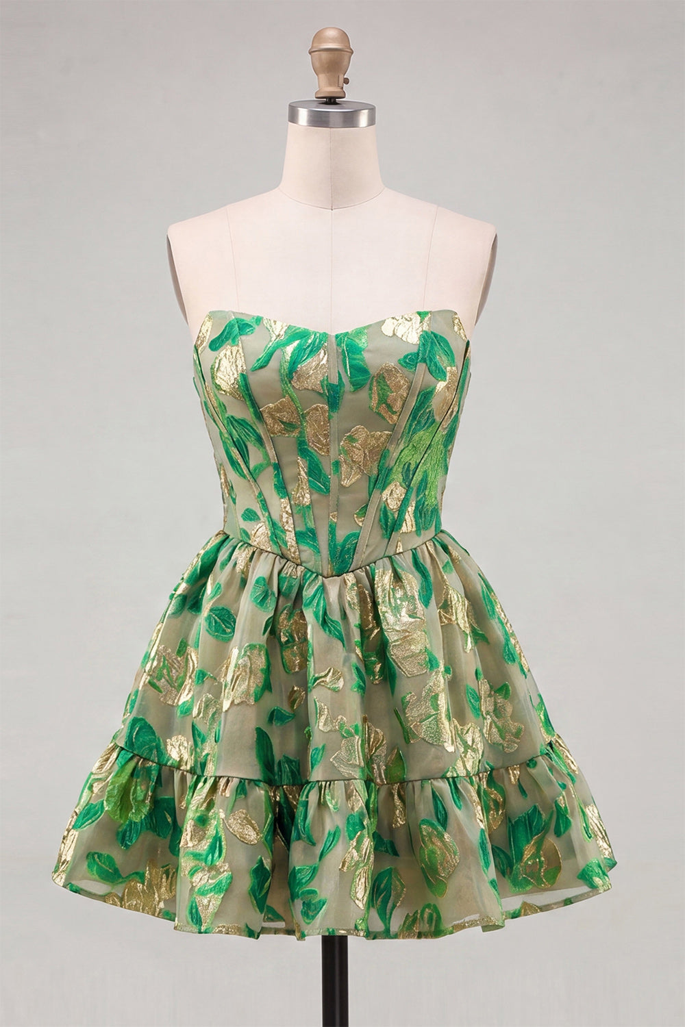 Green Sweetheart A-Line Corset Jacquard Homecoming Dress with Ruffles