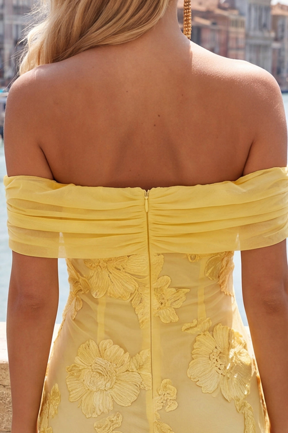 Off the Shoulder Yellow Floral Tight Homecoming Dress with Ruffles