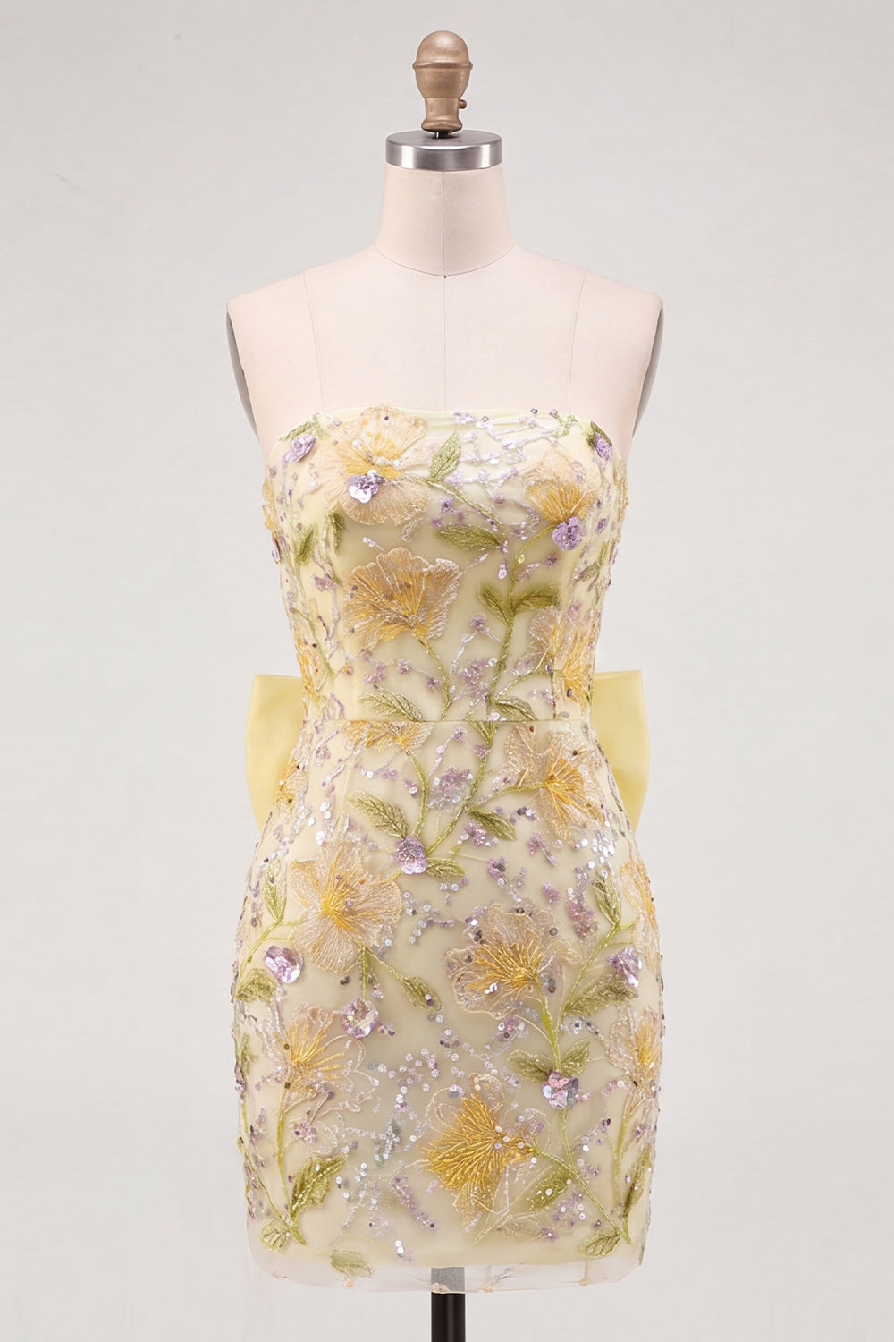 Robe de bal moulante bustier jaune à fleurs et paillettes avec nœud