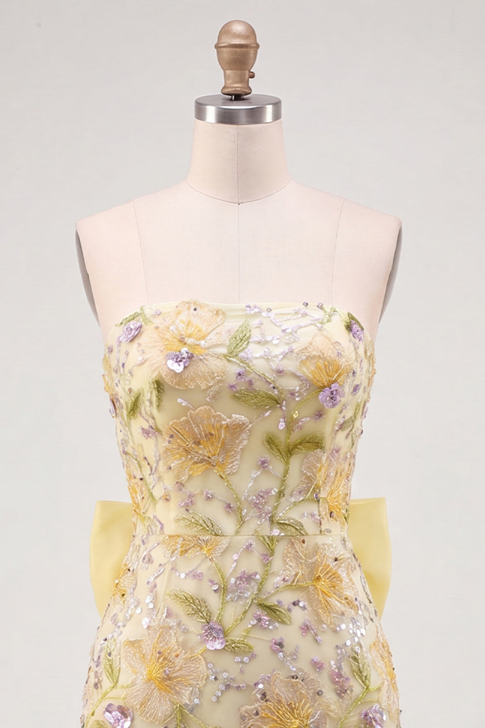 Robe de bal moulante bustier jaune à fleurs et paillettes avec nœud