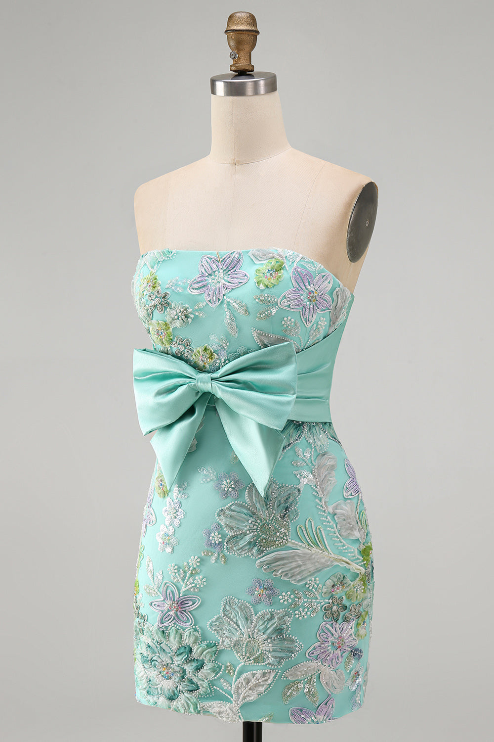 Pink Bodycon Strapless Floral Sequins Lace Up Back Homecoming Dress with Bow