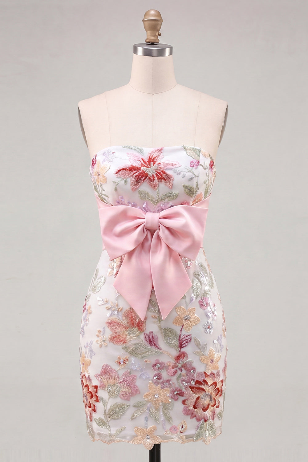 Pink Bodycon Strapless Floral Sequins Lace Up Back Homecoming Dress with Bow